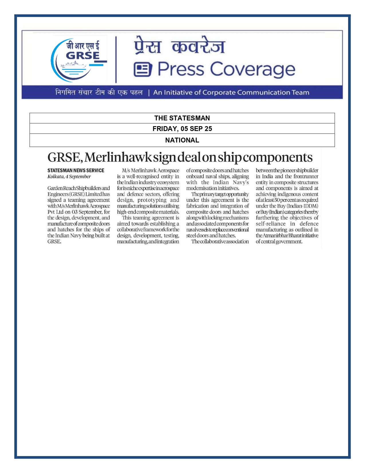 Press Coverage : 05 Sept 25:GRSE,Merlinhawk sign deal on ship components